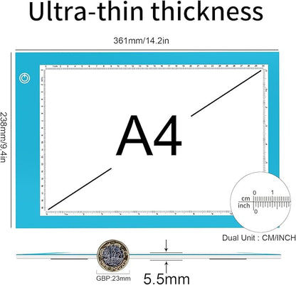 Light Box Drawing Pad, Tracing Board with Type-C Charge Cable and Brightness Adjustable for Artists, AnimationDrawing, Sketching, Animation, X-ray Viewing (A4-P-Blue-New)