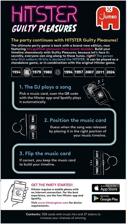 Jumbo Hitster - Guilty Pleasures, Fun Music Quiz Card Game, 2-10 Players - 300 Plus Guilty Pleasure Music Hits - Great for Adult and Family Game Nights (US Edition)