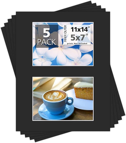 Mat Board Center, Pack of 5, Photo Picture Mats - Acid Free, 4-ply Thickness, White Core - for Pictures, Photos, Framing (11x14 for 2-5x7 Black)