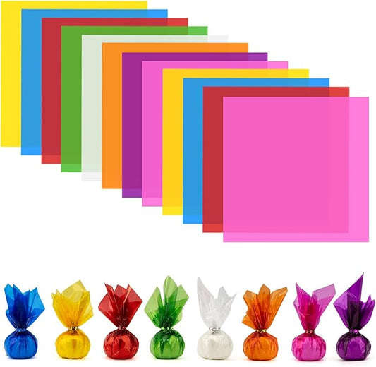 168 PCS Colored Cellophane Wrap Paper(7.48x7.48 Inch) Treat Candy Small Gifts Wrapping Baskets Colorful Plastic Sheets for Crafts Transparent Clear Clings Birthday Baby Shower Holiday Party Decor