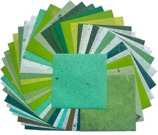 50 Sheets 6 x 6 Inches Natural Fiber Mulberry paper Sheets Square Origami Paper Arts Folding Craft, Decoration Paper, Square Folding Paper for DIY Crafts (Mixed Green Rice Straw etc.,,, 6 x 6)