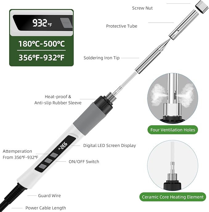 Soldering Iron Kit, 190W Soldering Gun, 110V LED Solder Kit for Electronics, Adjustable Temperature 356-932℉, Includes Solder Wire, Sucker, Tips, Stand, Tweezers, Paste and Solid Wood Box, White