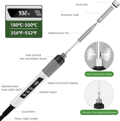 Soldering Iron Kit, 190W Soldering Gun, 110V LED Solder Kit for Electronics, Adjustable Temperature 356-932℉, Includes Solder Wire, Sucker, Tips, Stand, Tweezers, Paste and Solid Wood Box, White