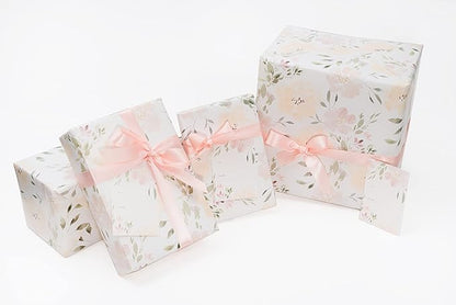 Itsy Belle Studio Floral Wedding Wrapping Paper sheets + Ribbon Set with Tags - White Gift Wrap, Pink Floral, Boho Bridal Shower