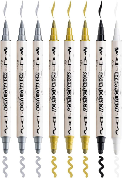 TRANSON 3 Gold, 3 Silver, 1 Black and 1 White Paint Markers Brush and Bold Dual-tip Acrylic Paint Marker Set for Rock Painting Glass Canvas Wood Leather Ceramic Painting