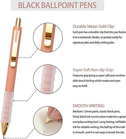 Linbsunne Ballpoint Pens Black Medium Point 1mm Pen with Super Soft Grip Ball Point Pen for Men Women Retractable Pens (gold-12 pcs)