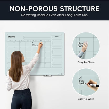Magnetic Glass Whiteboard - Glass Monthly Calendar Dry Erase Board 48"x36" Large Frameless Glass Board for Walls Office School and Home