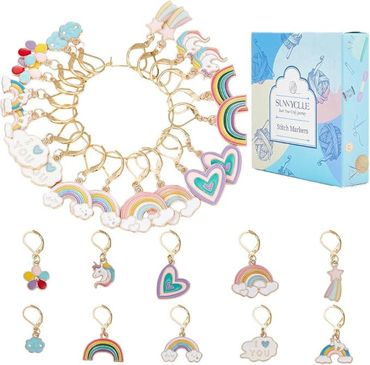 SUNNYCLUE 1 Box 20Pcs Knitting Stitch Markers Crochet Rainbow Colorful Leverback Charms Cute Crochet Markers for Knitting Weaving Sewing Needleworks Women DIY Craft