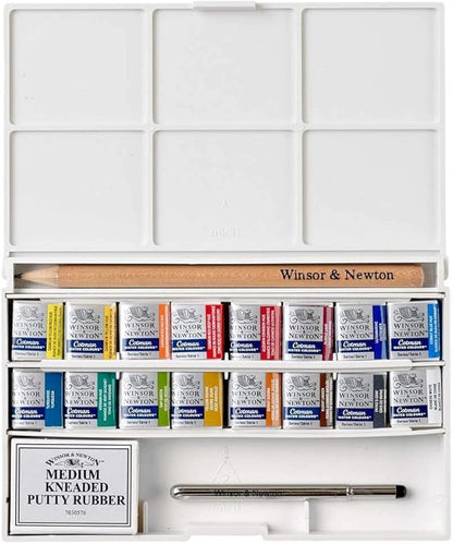 Winsor & Newton Cotman Watercolor Paint Set, Complete Pocket Set, 16 Half Pan w/ Brush, Eraser, Mixing Palette