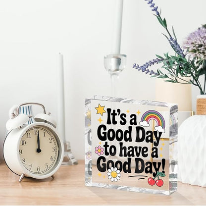 Positive Desk Decor Acrylic Sign 4X4 Inch, Rainbow Cherry Flower Desk Decorative Signs for Shelf Tabletop Cubicle Room Office, Inspirational Gifts for Women Men Friends, Have a Good Day