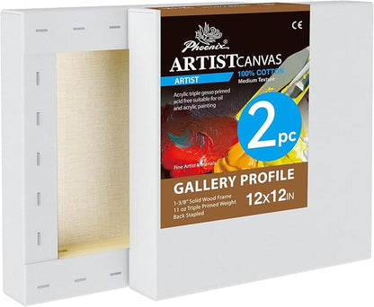 PHOENIX 12x12 Inch 2 Pack Gallery Canvas - 1.5 in Thick Square Canvases for Painting - Deep Edge 100% Cotton 11 Oz. Gesso Primed White Blank Professional Canvas Oil & Acrylic Paints