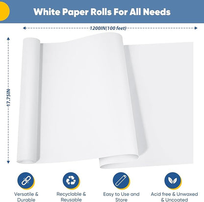 Art Paper Roll for Crafts, Drawing & Painting, 17.75"x1200" (100') White Gift Wrapping Craft Kraft Bulletin Board Poster Banner Coloring Paper, Kids Art Supplies, Wedding Floral Supplies 80GSM 55LB