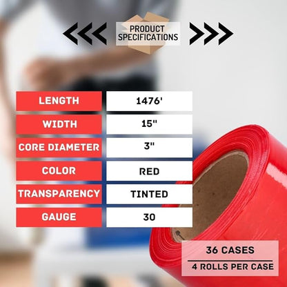 PSBM Red Stretch Wrap, 15 Inch x 1476 Feet, 144 Pack, Tinted Pre-Stretched Shrink Wrap Film for Moving, Packaging, Pallet Wrapping