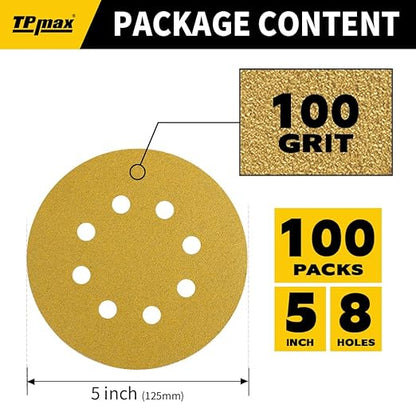 100PCS 5 Inch 100 Grit 125mm 8 Hole Sanding Discs Sandpaper - Premium Gold Round Hook and Loop for Random Orbital Sander - Ideal for Wood, Metal, Automotive