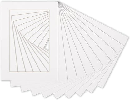 Pack of Ten Acid Free 8x10 Mats Bevel Cut for 5x8 Photos - White Precut Matboards with Backing Boards and Self Seal Photo Mat Bags for Pictures, Photos, Framing - 4-ply Thickness