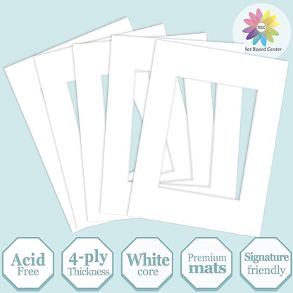 MBC Mat Board Center, 5 Pack 9X12 for 6X8 White Picture Mats Frame Mattes, Bevel Cut, Acid Free, 4-Ply Thickness
