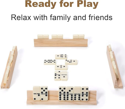 Dominoes Set for Adults, 28 Tiles with 4 Wooden Racks/Trays, Portable Double 6 Domino Game Set, Classic Board Game for Family Fun