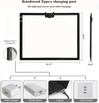 Rechargeable A3 LED Light Pad with Carry Bag, Adjustable Brightness Light Box with 3 Colors, Built-in Stand, 2500mAh Battery, Magnetic Clip, Light Board for Tracing Diamond Painting Sketching