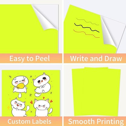 Neon Yellow Sticker Paper Labels for Laser & Inkjet Printer, Fluorescent Yellow Printable Sticker Paper- Matte, Letter Size 8.5" x 11"