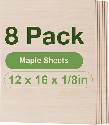 8 Pack Maple Plywood Sheets, 12 x 16x 1/8 Inch, 3mm Plywood for Laser Cutting, Thin Unfinished Wood Sheets for Architectural Models, Wood Burning and DIY Wood Crafts