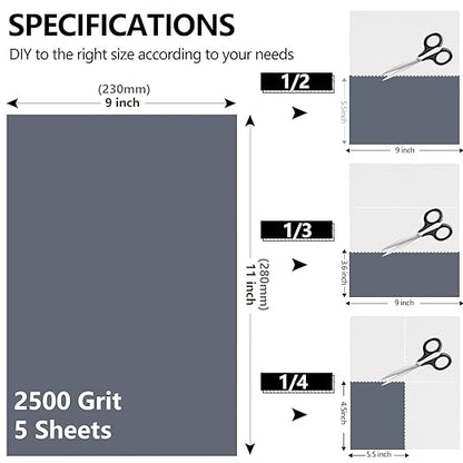 2500 Grit Sandpaper, 9 x 11 Inch Wet Dry Sand Paper Hand Abrasive Sanding Sheets for Wood Metal Automotive Sanding and Polishing, Extra Fine - 5 Sheets