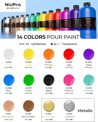 Nicpro 14 Colors Large Bulk Acrylic Pour Paint Set (33.8 oz,1000 ml) Premixed High Flow Art Pouring Paint Supplies Kit with Silicone Pour Oil, Gloves for Beginner Cell Creation Flow DIY, Ready to Pour