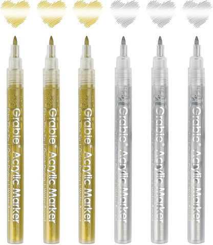 Grabie Gold&Silver Extra Fine Tip Acrylic Paint Marker Set, 6 Pack Gold Paint Markers, 0.7mm Acrylic Paint Pens for Black Paper, Halloween Pumpkin, Christmas DIY, Silver Pen(Gold&Silver)