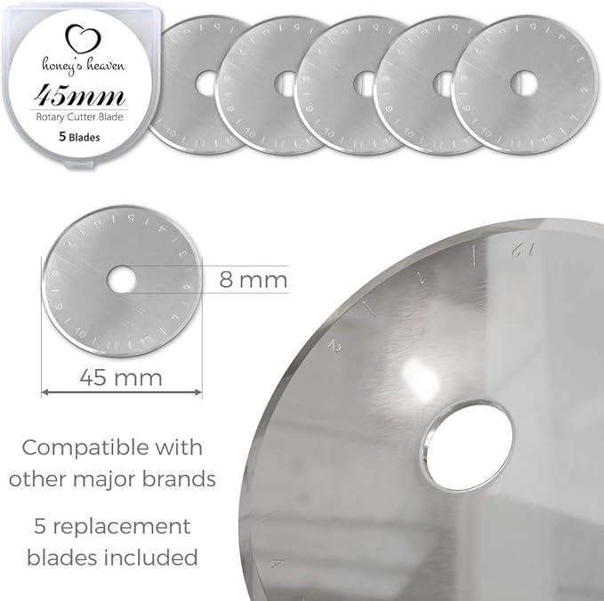 Honey's Heaven Rotary Cutter Set - Quilting Kit incl. 45mm Fabric Cutter, 5 Replacement Blades, A6 Cutting Mat and Craft Clips - Ideal for Crafting, Sewing, Patchworking, Crochet & Knitting