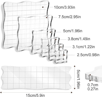 UCEC 7 Pieces Acrylic Stamp Block Assorted Sizes Clear Acrylic Mounting Blocks Set, Decorative Stamp Blocks with Grid Lines for Scrapbooking Crafts Making