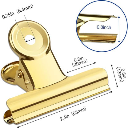 10 Pack Large Metal Hinge Clips 2.5 Inches Bull Hinge Paper Clips Gold Bulldog Clips for Crafts, Photo, Drawing, Food Bags at Home, Office, School, Shop, Gold, 63mm