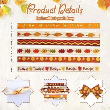 6 PCS Thanksgiving Fall Ribbons - 3/8'' Width Pumpkin Orange Satin Metallic Words Maple Leaves Craft Ribbons for Gift Wrapping & Decorations