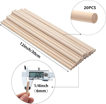 Wooden Dowels Wooden Sticks for Crafts, 1/4 x 12 Round Wood Dowel Rods, 20PCS Wood Sticks for Crafts, Lollipops and Tiered Cakes, Small Unfinished Hardwood Sticks for Crafting, Photo Booth Props