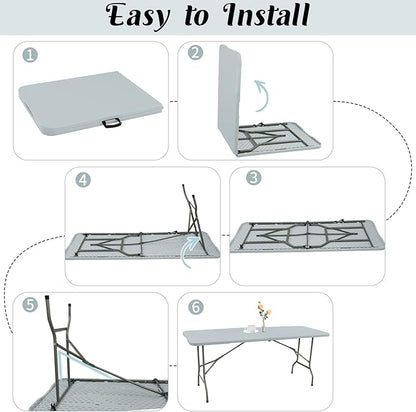 2 Pack 6 FT Folding Tables Grey Foldable Table, Fold-in-Half with Carrying Handle Portable Plastic Rectangular Table for Party, Dining, Wedding, Camping, Picnic, Indoor Outdoor Events