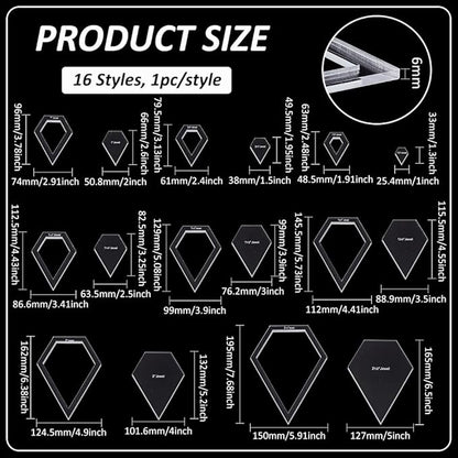 BENECREAT 16 Sizes Jewel Quilting Template, Acrylic Intricate Sewing Machine Ruler, Transparent Pressure Plate Router Template for DIY Hand Patchwork Cutting Craft, 6mm Thick