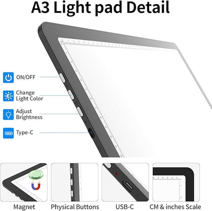 TOHETO A3 Light Board with Bag for Diamond Painting, Super Bright Magnetic Light Pad with Side Buttons, Lightbox for Tracing and Drawing, Corded Light Table for Sketching, Weeding Vinyl (Black)