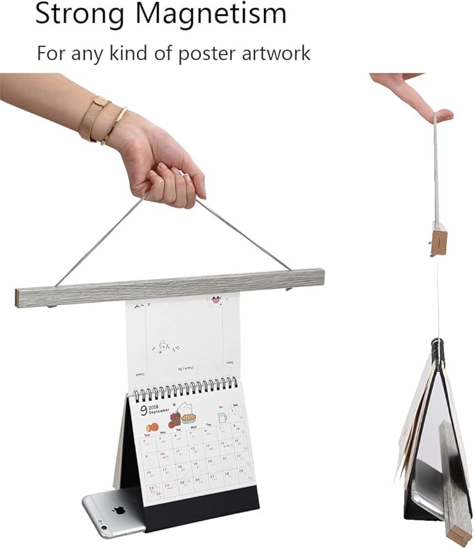 Ywlake Magnetic Poster Hanger, 24x36 24x18 24x32 Poster Frame Wood Wooden Magnet Print Posters Dowel Scroll Hanger Hangers Hanging Kit for Walls Map Canvas Artwork (Grey, 24")