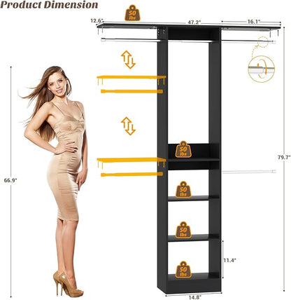 48" Small Closet Organizer, 4FT Small Closet System with 4 Closet Rods & 3 Shelves, 80"H Small Closet Organizers and Storage for Small Bedooms, Cloakrooms, Laundry Rooms, Black
