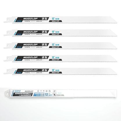 5 Pack 12 inch Reciprocating Saw Blades Set,14 TPI High Carbon Saw Blades, Metal Saw Blades with Organizer Case (5, 14TPI/300mm)