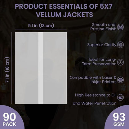 SuFly Pre-Folded Vellum Jackets for 5x7 Invitations, 90-Pack (60lb/93gsm) Translucent Vellum Paper 5x7 Sleeves, Invitation Jackets, Elegant Wedding Invitation Accessories, Envelope Liners, DIY Crafts.