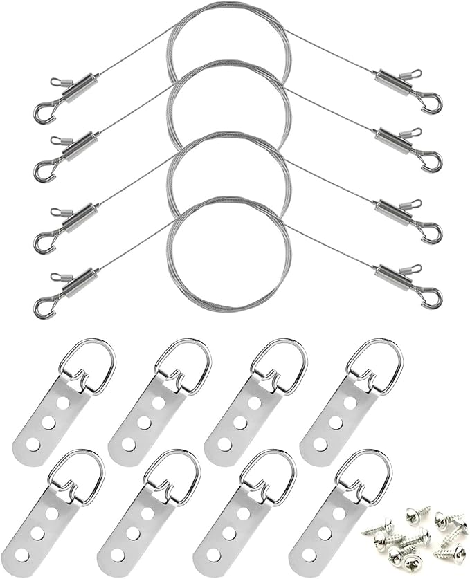 Picture Hanging Wire Kit, 4Pcs Adjustable Frame Wire 2m x 1mm Small Hooks Heavy Duty 50lbs, 8pcs 3-Hole D Rings Picture Hangers with Screws, for Canvas Paintings/ Mirrors/ Frames