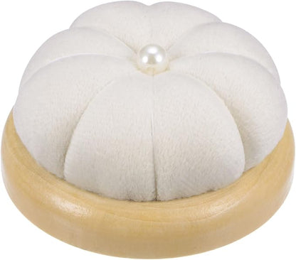 HARFINGTON Wooden Base Pin Cushion Japanese Style Cute Needle Holder Pincushions Round for Sewing Quilting Needlework DIY Crafts, Cream