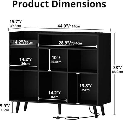 Cozy Castle Large Record Player Stand, Vinyl Storage Cabinet Mid Century Modern Turntable Stand Media Console Table Open Shelf Cube CD Album Holder Organizer for Living Room, Office, Black