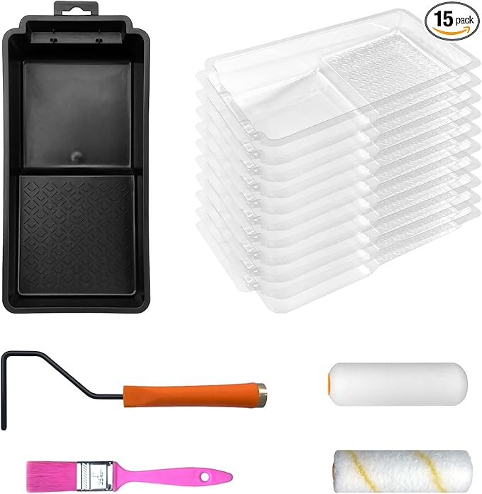4-inch Paint Roller Tray Set, 15-Pack Painting Tool Kit - 11 Paint Tray & Liners, Foam & Microfiber Paint Roller, Roller Frame, Paint Brush for Painting Wall, DIY Project