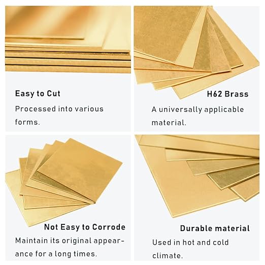 8 Gauge Brass Sheet，H62 Brass Plates Metal 0.118" Thickness x 3.9" Width x 3.9" Lenght, for Models, Crafts, Repairs, Electrical, 2Pcs
