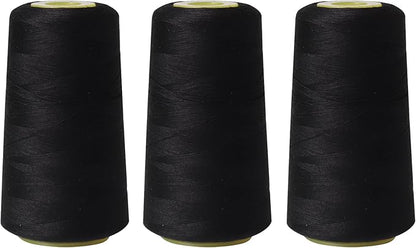 Sewing Thread Cone Set, 3 Pack Serger Thread, 3000 Yards Each, All Purpose Thread for Sewing, Quilting, Machines, Overlock, Merrow & Hand Embroidery (Black*3)
