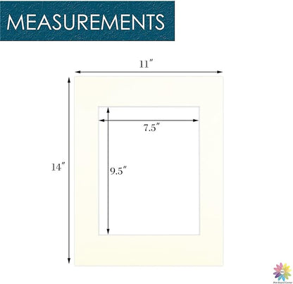 Mat Board Center, Pack of 10, 11x14 for 8x10 Ivory Turret Color Mats - Bevel Cut, Acid Free, 4-ply Thickness, White Core - for Pictures, Photos, Framing