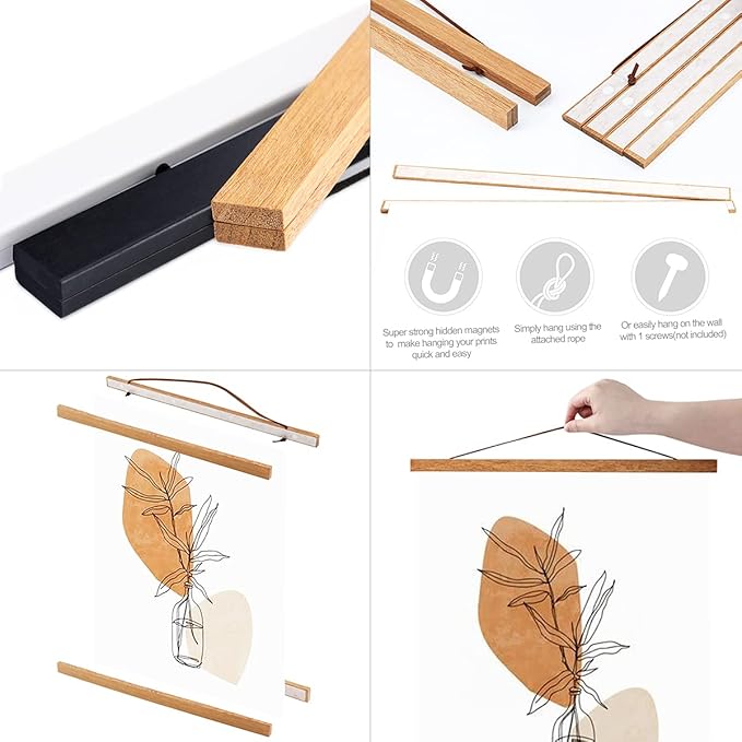 Ywlake Magnetic Poster Hanger, 17x24 17x11 17x22 Poster Frame Wood Wooden Magnet Print Posters Dowel Scroll Hanger Hangers Hanging Kit for Walls Map Canvas Artwork (Teak Wood, 17")