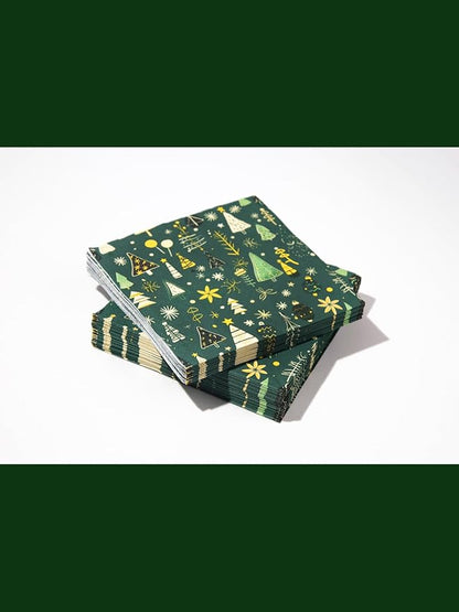 Premium Designer Paper Napkins, 3-Ply 6.5 x 6.5-inches Fold Disposable Decorative Winter Guest Christmas Holly Green Festive New Year Tree Party Lunch Dinner Napkin (20, Festive Green)