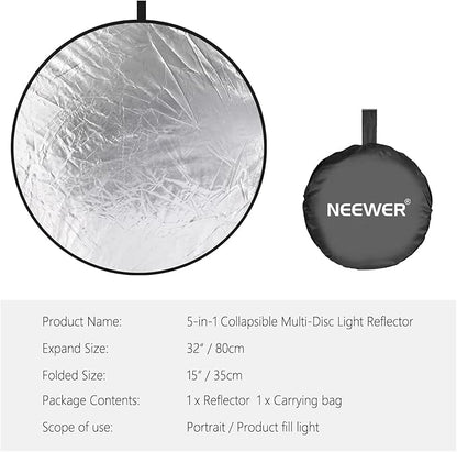 NEEWER 32-Inch 80CM Portable 5 in 1 Translucent, Silver, Gold, White, and Black Collapsible Round Multi Disc Light Reflector for Studio or any Photography Situation