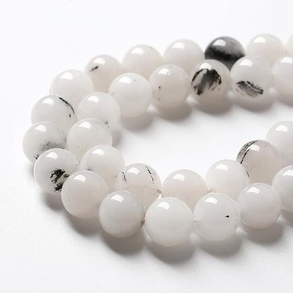 32pcs 12mm Natural Black Rutilated Quartz Crystal Jade Stone Beads for Jewelry Making Energy Healing Power Stone Beads DIY Bracelet Necklace Accessories 15" (12mm, Black Rutilated Quartz Jade)